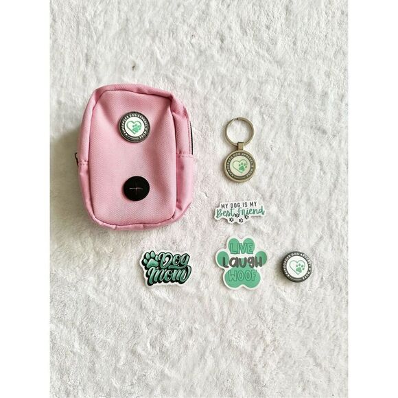 Pink and mint dog poop bag, keychain, pin, and dog stickers - Picture 2 of 3